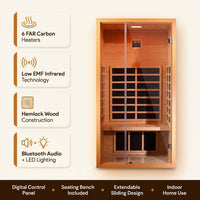 1 Person Extendable FAR Infrared Sauna for Home, Hemlock Wood Low EMF 6 Carbon Heaters Indoor Saunas with LED Lights, Bluetooth Speaker, Digital Control Panel, and Seating Bench — Results & Stats