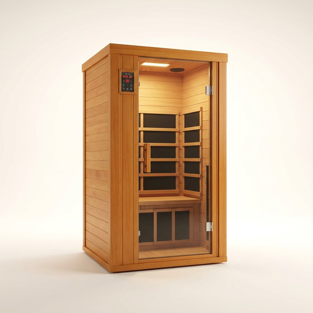 1 Person Extendable FAR Infrared Sauna for Home, Hemlock Wood Low EMF 6 Carbon Heaters Indoor Saunas with LED Lights, Bluetooth Speaker, Digital Control Panel, and Seating Bench — Studio Shot