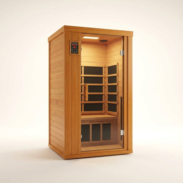 1 Person Extendable FAR Infrared Sauna for Home, Hemlock Wood Low EMF 6 Carbon Heaters Indoor Saunas with LED Lights, Bluetooth Speaker, Digital Control Panel, and Seating Bench — Studio Shot