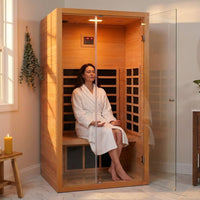1 Person Extendable FAR Infrared Sauna for Home, Hemlock Wood Low EMF 6 Carbon Heaters Indoor Saunas with LED Lights, Bluetooth Speaker, Digital Control Panel, and Seating Bench — Lifestyle