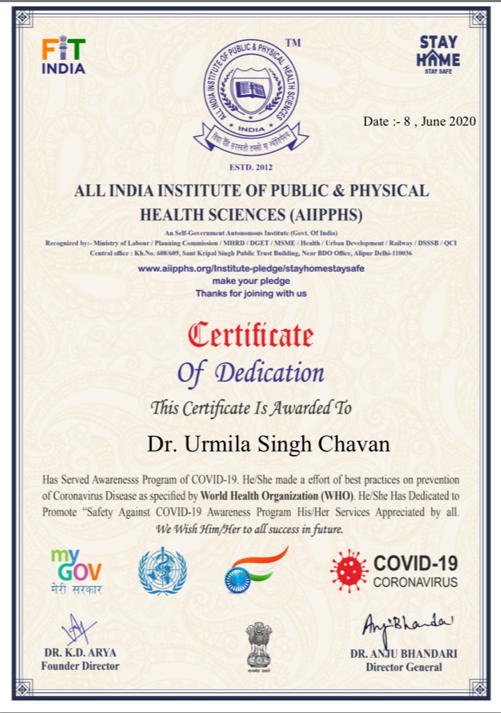 Dr Urmila`s certificate